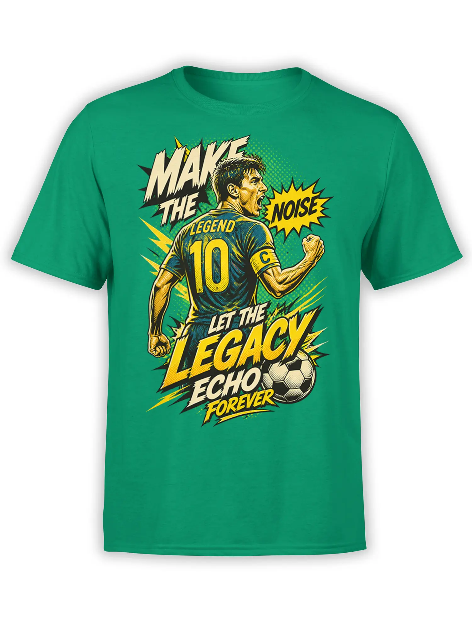 Number 10 soccer captain graphic with bold yellow lettering and soccer ball on a green T-shirt