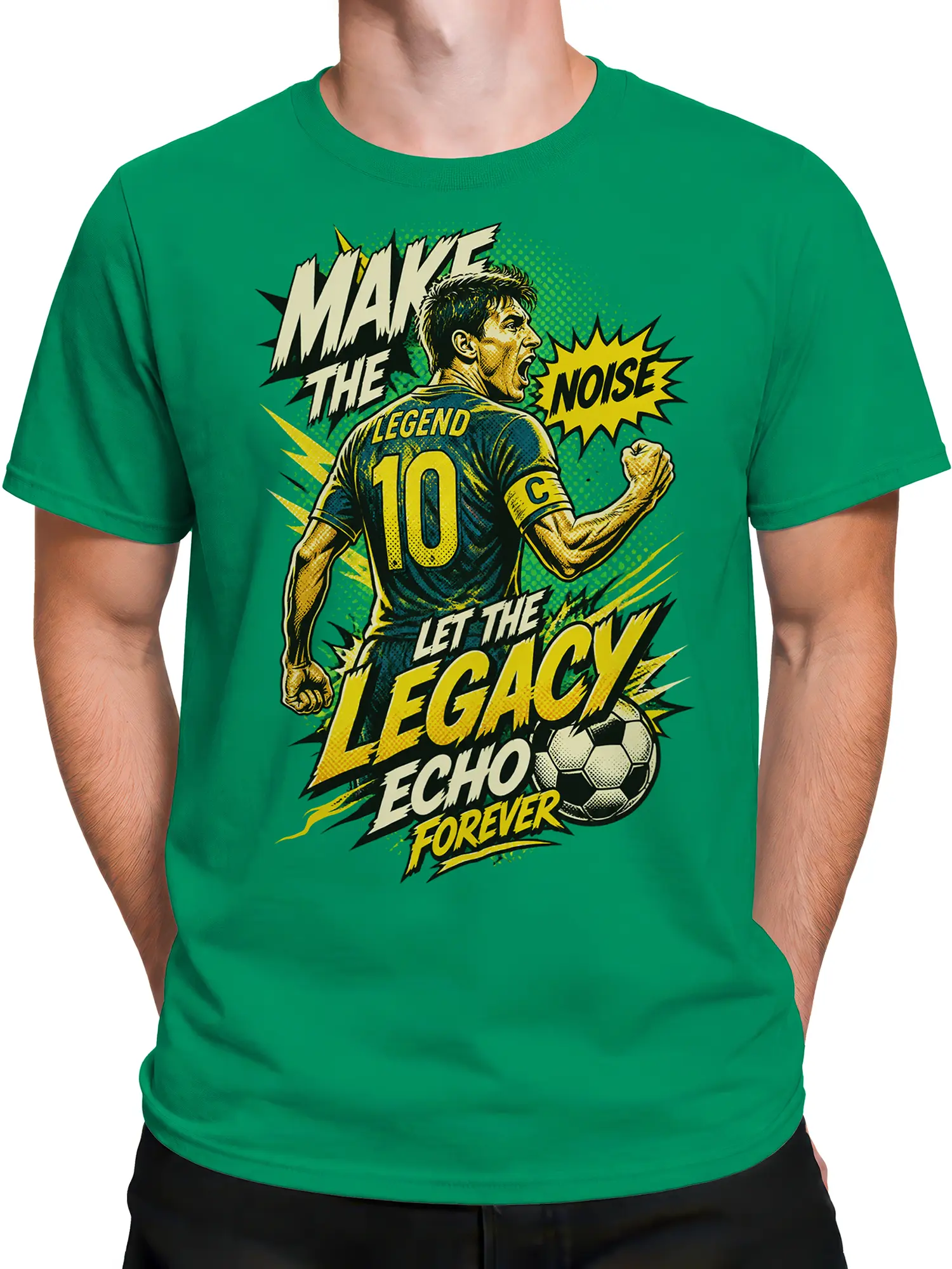 Male torso wearing green T-shirt with vintage number 10 soccer captain and soccer ball graphic
