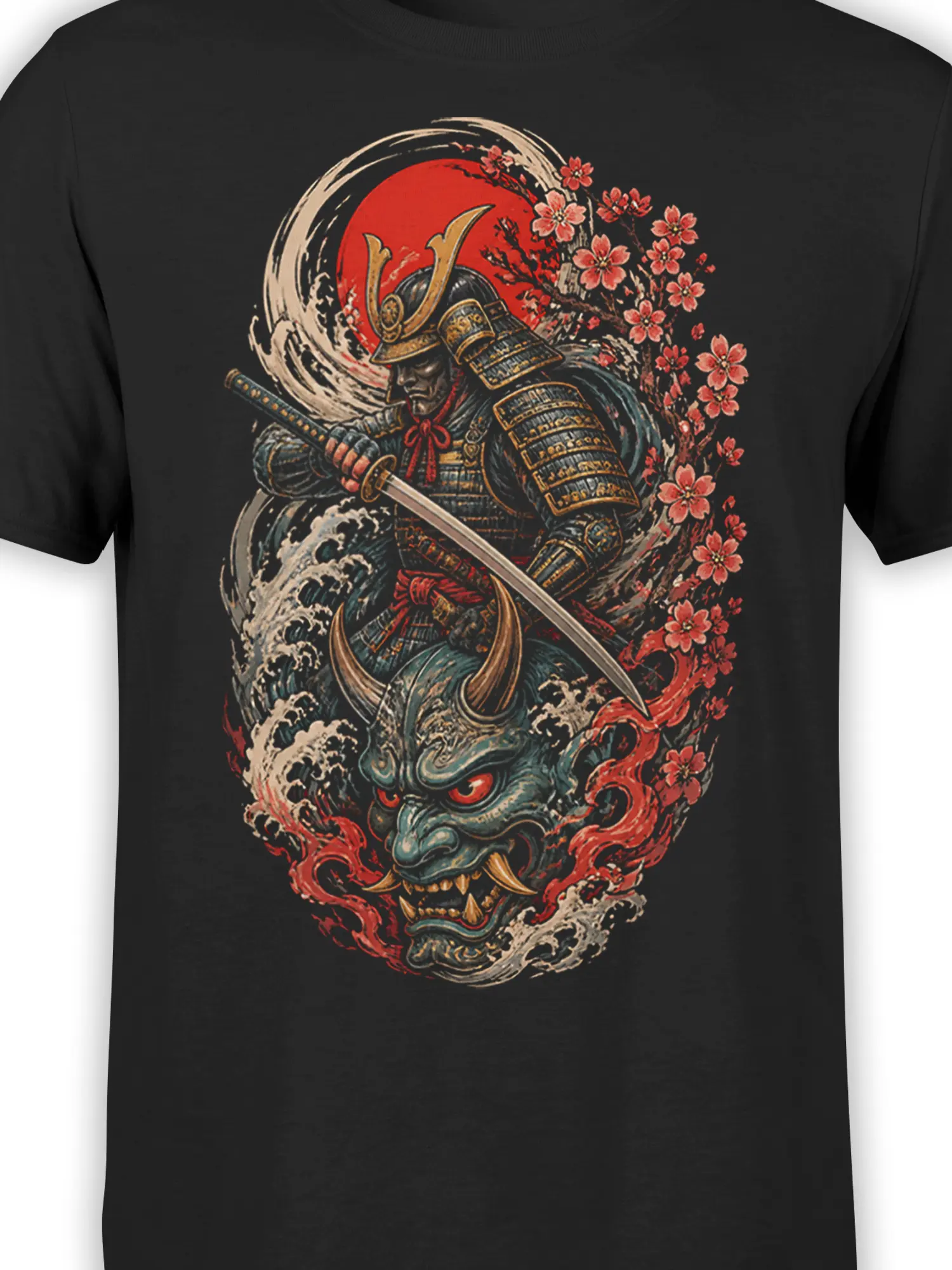 Close-up of black samurai shirt artwork with armored warrior, cherry blossoms, red sun, waves, and demon mask