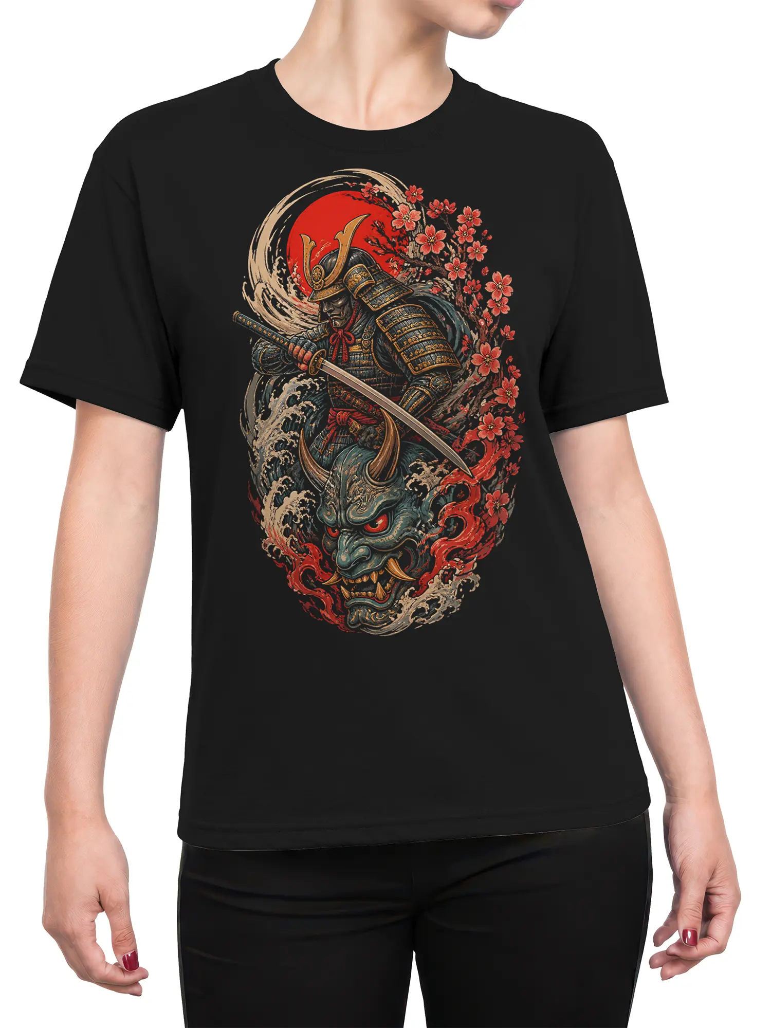 Female torso wearing a black samurai t-shirt with cherry blossoms, red sun, waves, sword, and demon mask artwork