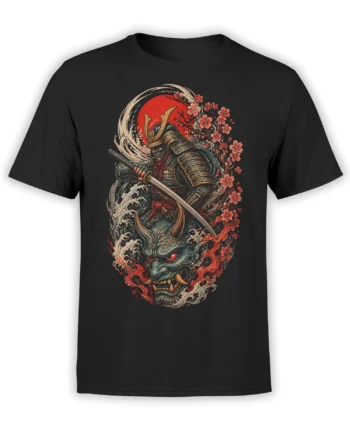 Black samurai t-shirt with sword, red sun, cherry blossoms, waves, and a fierce horned demon mask
