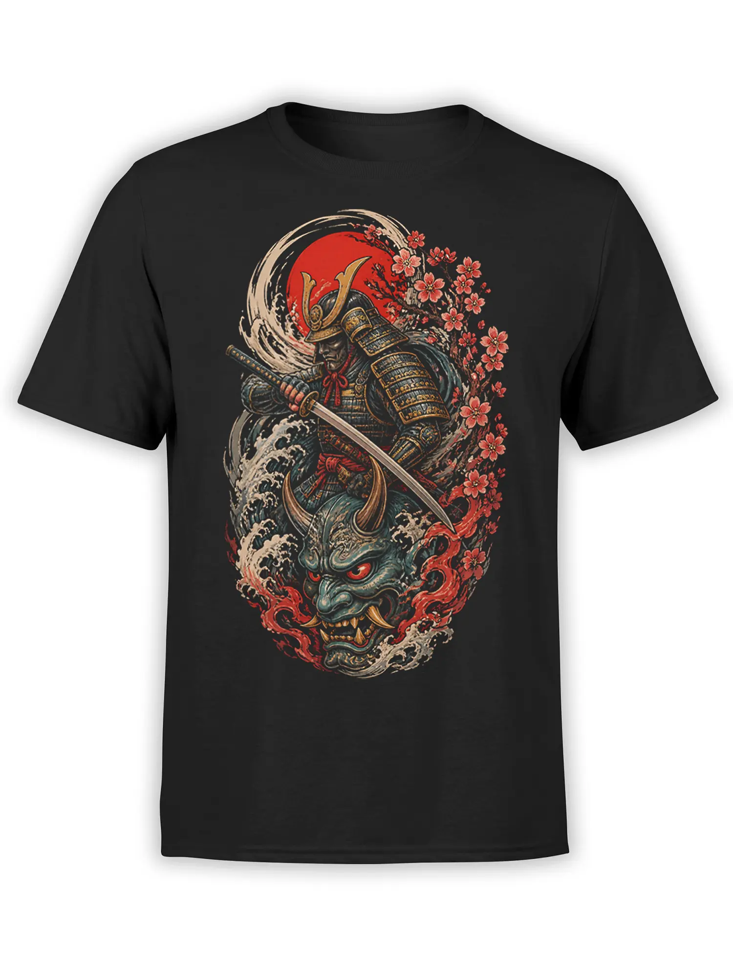 Black samurai t-shirt with sword, red sun, cherry blossoms, waves, and a fierce horned demon mask