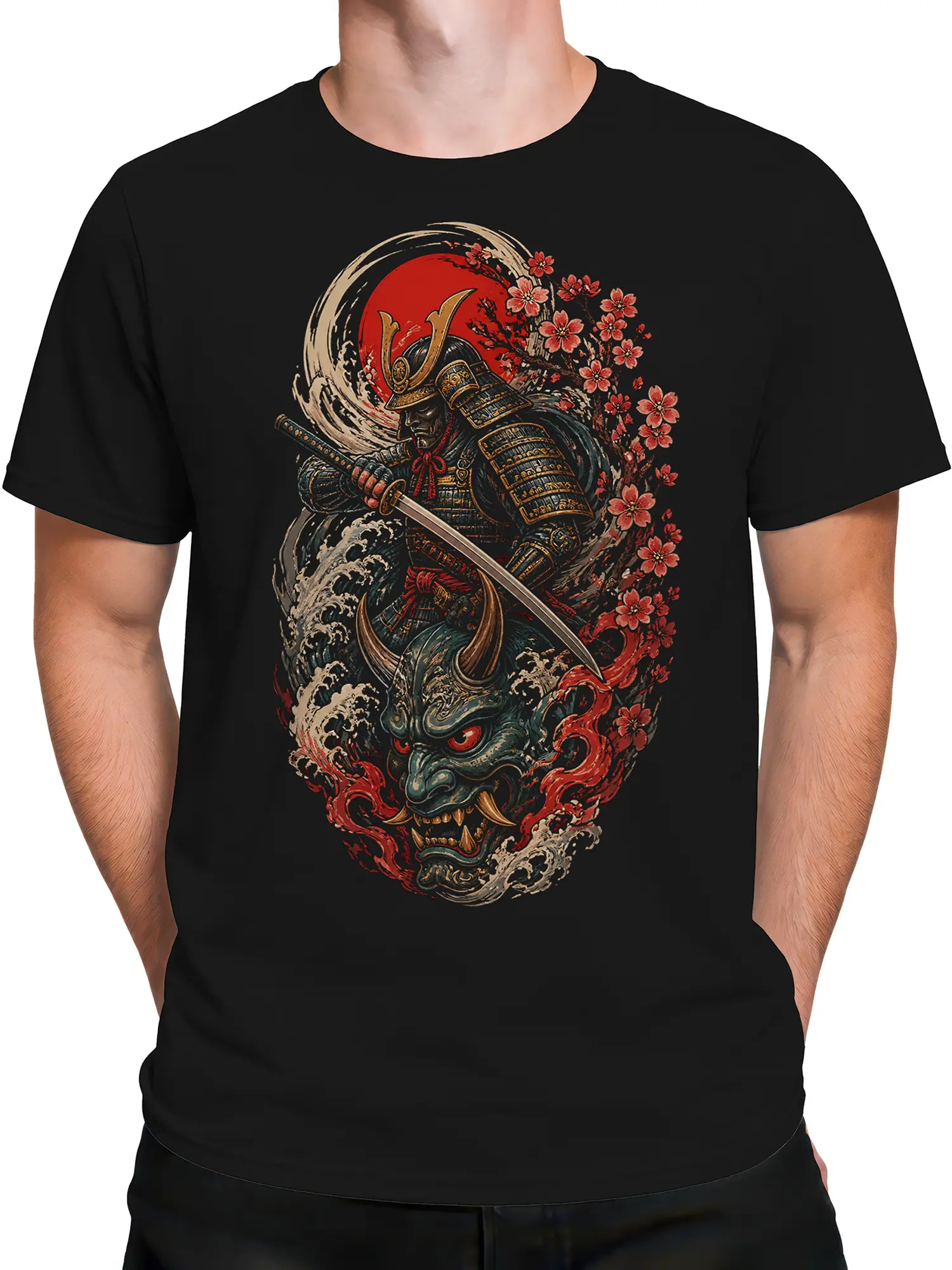 Male torso wearing a black samurai t-shirt with sword, red sun, cherry blossoms, waves, and horned mask design