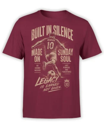 Vintage burgundy soccer T-shirt with player, number 10, soccer ball, and relentless legacy lettering