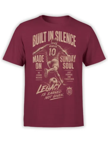 Vintage burgundy soccer T-shirt with player, number 10, soccer ball, and relentless legacy lettering
