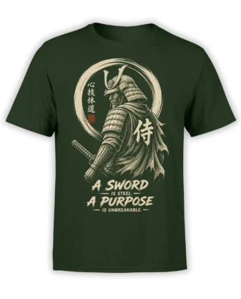 Armored Japanese warrior with sword and purpose quote printed on a dark green T-shirt
