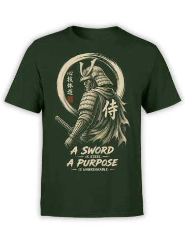 Armored Japanese warrior with sword and purpose quote printed on a dark green T-shirt