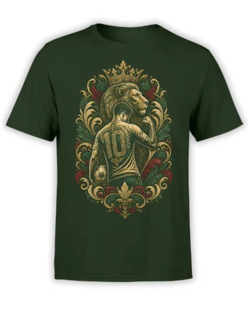 Green soccer T-shirt with a crowned lion, number 10 player, soccer ball, and ornate vintage frame
