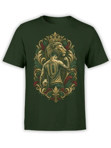 Green soccer T-shirt with a crowned lion, number 10 player, soccer ball, and ornate vintage frame