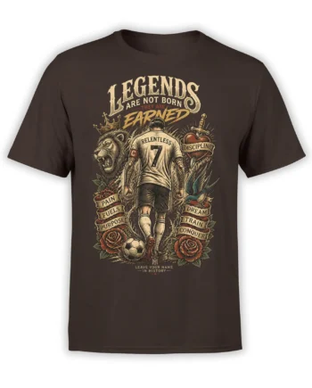Brown soccer T-shirt with crowned lion, athlete wearing number 7, roses, soccer ball, and motivational lettering