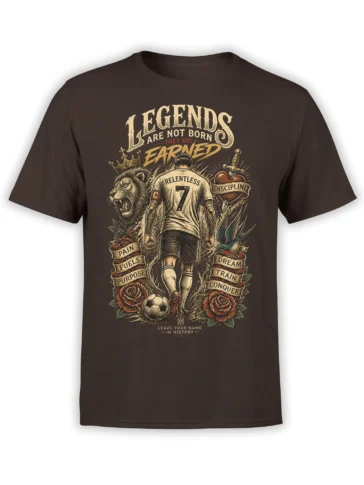 Brown soccer T-shirt with crowned lion, athlete wearing number 7, roses, soccer ball, and motivational lettering