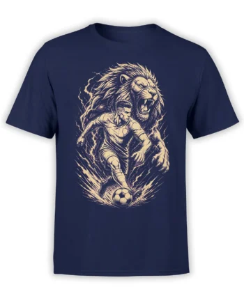 Front view of navy soccer shirt with a charging player, soccer ball, and roaring lion graphic