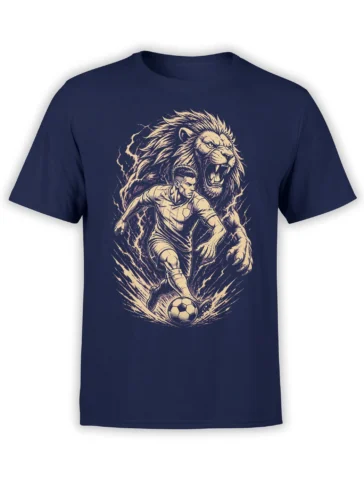 Front view of navy soccer shirt with a charging player, soccer ball, and roaring lion graphic