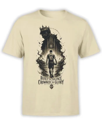 Beige soccer T-shirt with crowned number 10 player, lion emblem, stadium, and Built in Silence artwork