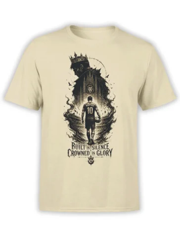 Beige soccer T-shirt with crowned number 10 player, lion emblem, stadium, and Built in Silence artwork