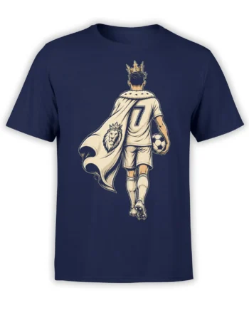 Front view of a navy soccer T-shirt with a crowned number seven player, lion crest, cape, and soccer ball