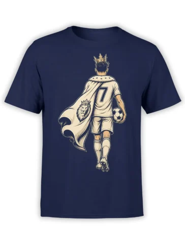 Front view of a navy soccer T-shirt with a crowned number seven player, lion crest, cape, and soccer ball
