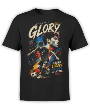 Black soccer T-shirt with number 10 player, ball, crown, and bold Glory lettering