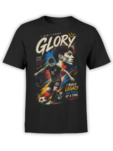Black soccer T-shirt with number 10 player, ball, crown, and bold Glory lettering