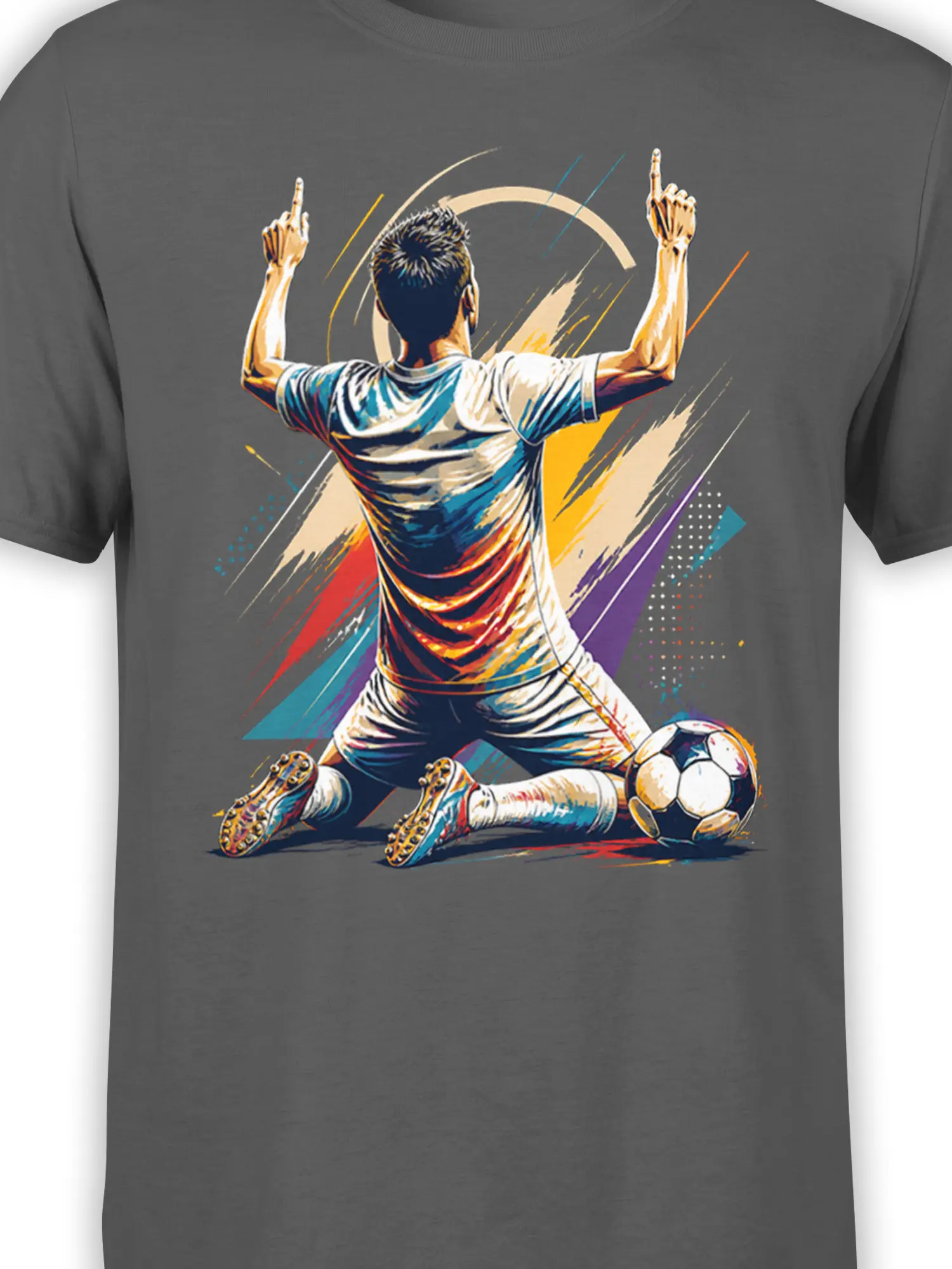 Close-up of colorful kneeling soccer player celebration and ball on gray T-shirt