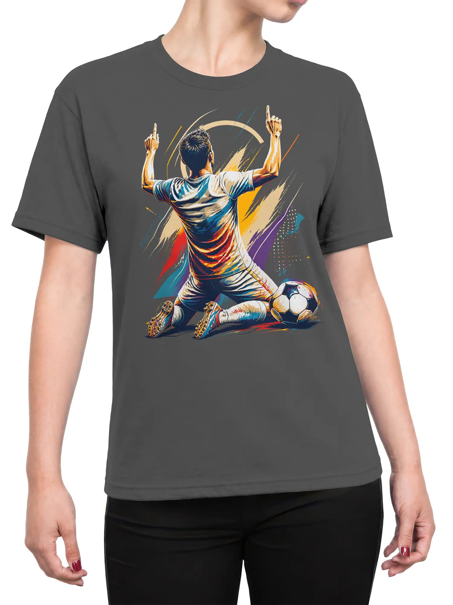 Female torso wearing gray soccer T-shirt with colorful kneeling player celebration graphic