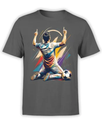 Gray soccer T-shirt with a kneeling player celebrating beside a ball in colorful graphic art