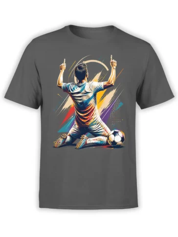 Gray soccer T-shirt with a kneeling player celebrating beside a ball in colorful graphic art