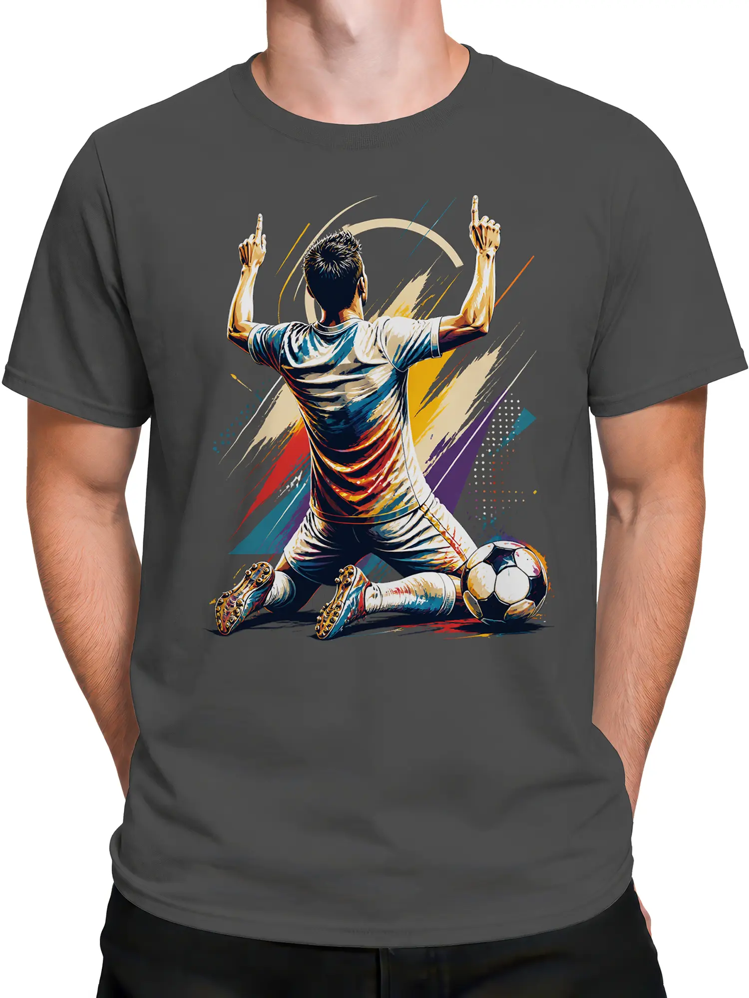 Male torso wearing gray soccer T-shirt with kneeling player and soccer ball design