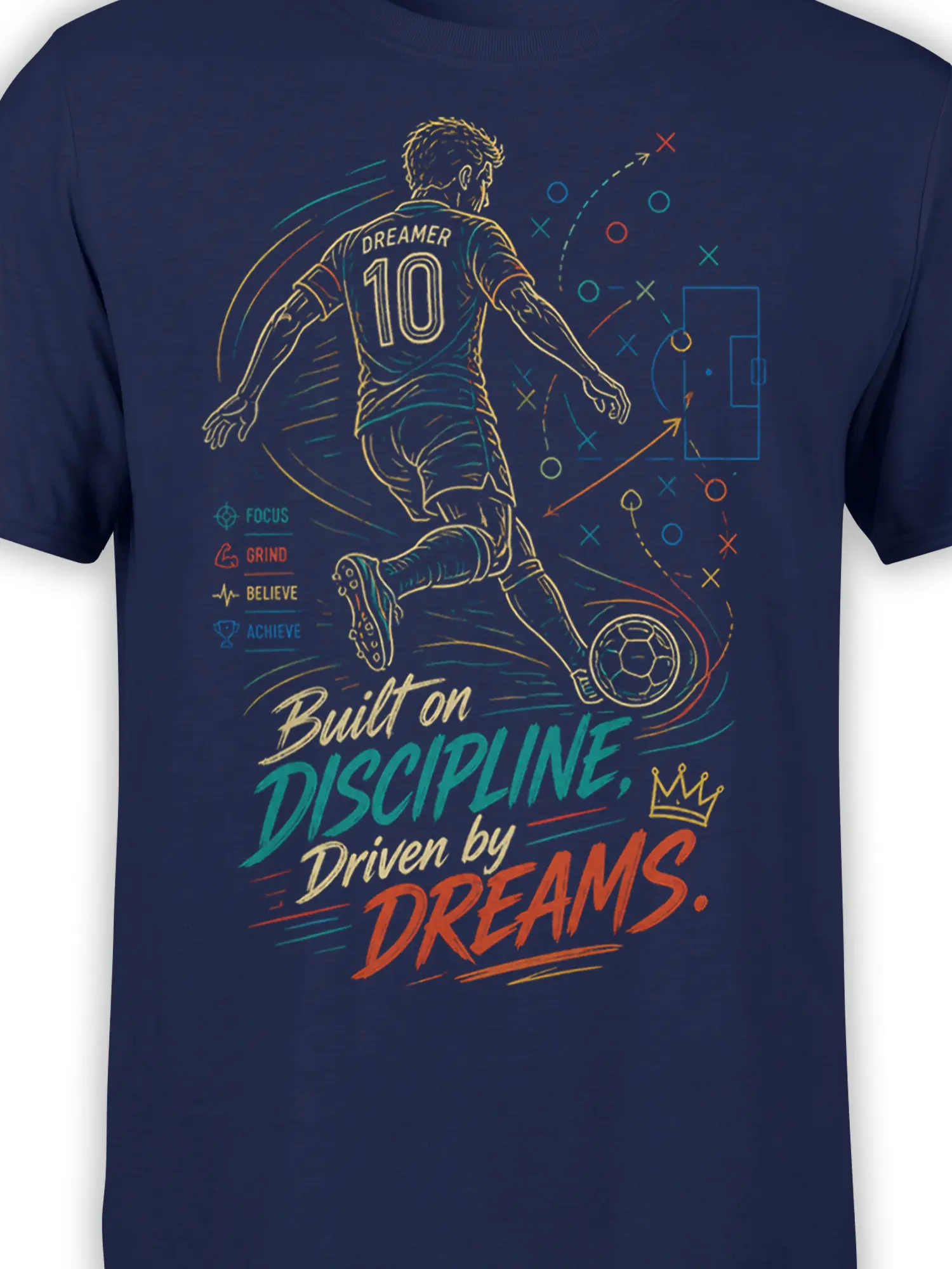 Close-up of navy soccer graphic showing the number 10, playbook symbols, and motivational lettering