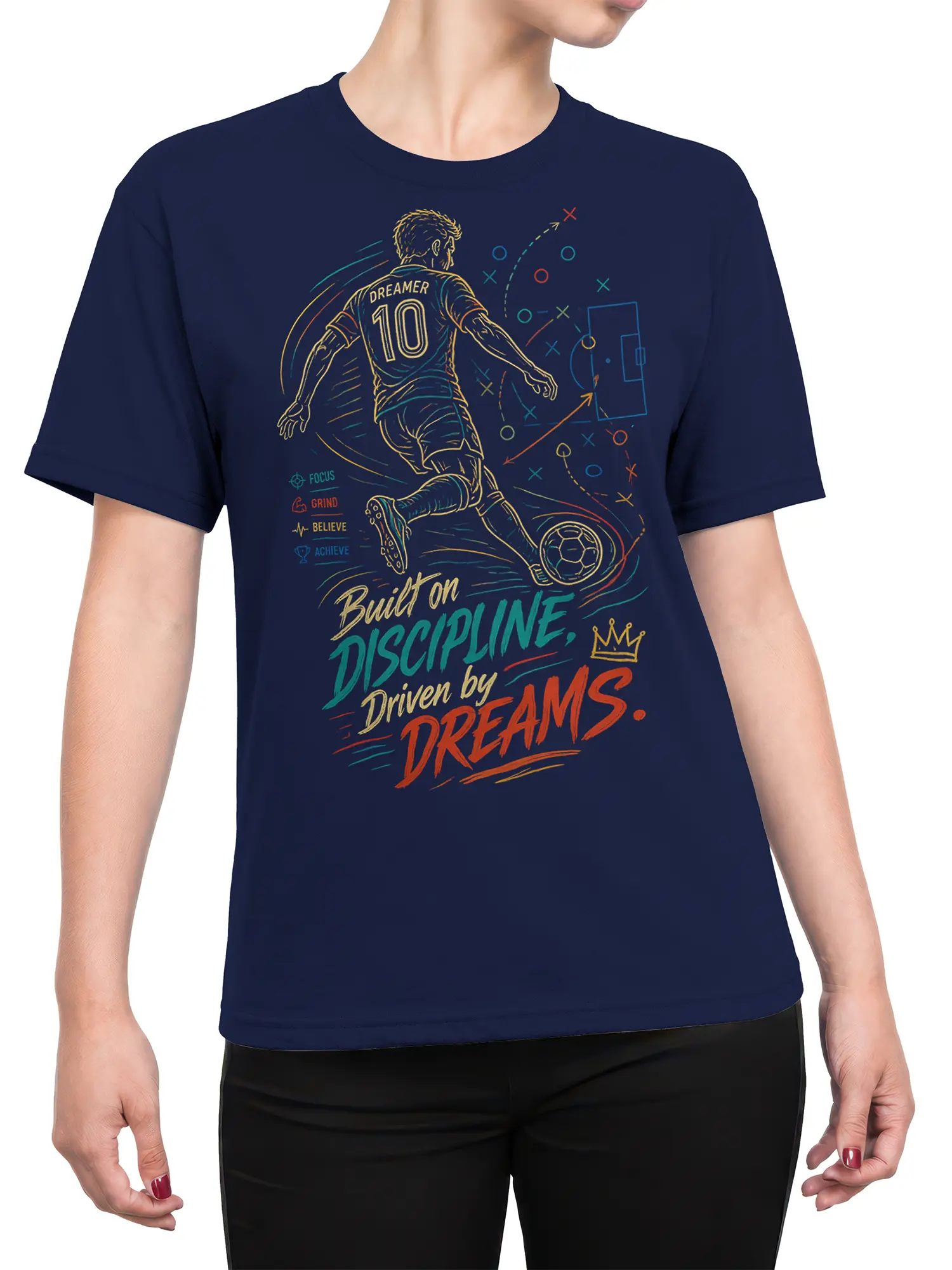 Female torso wearing a navy soccer T-shirt with a determined player graphic and colorful motivational sports artwork