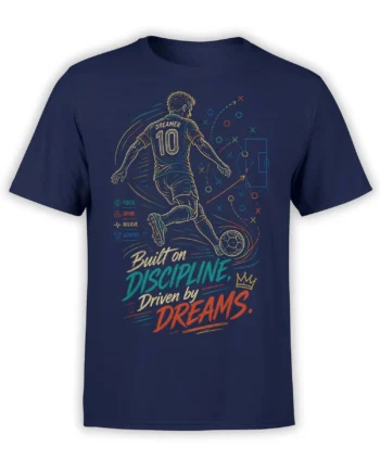 Motivational soccer player graphic tee in navy with playbook diagrams and “Driven by Dreams” lettering