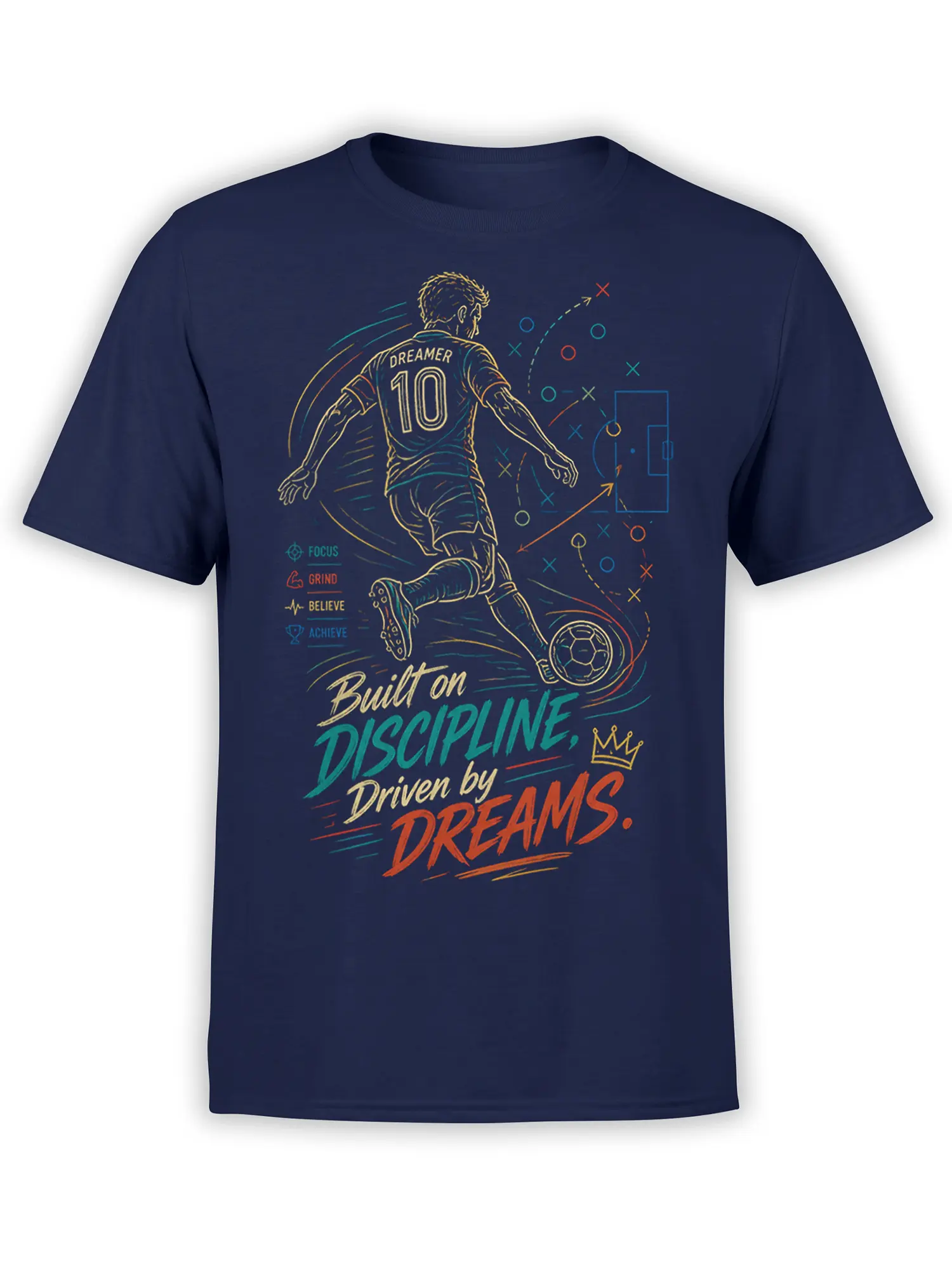 Motivational soccer player graphic tee in navy with playbook diagrams and “Driven by Dreams” lettering