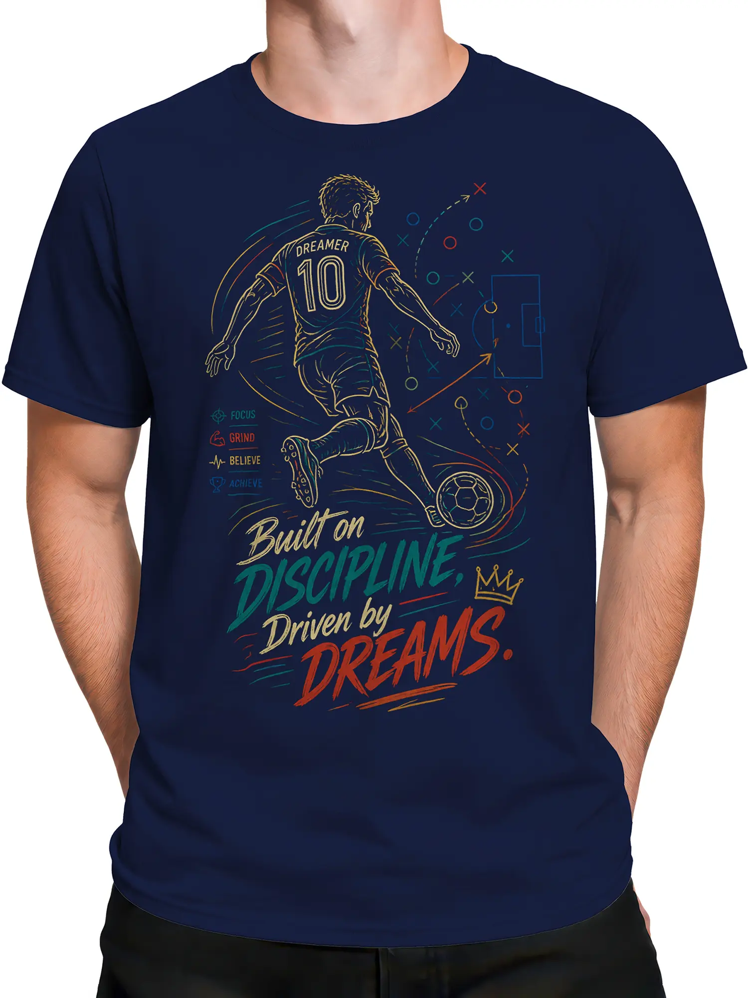 Male torso wearing a navy motivational soccer T-shirt with a player, number 10, and colorful field diagrams