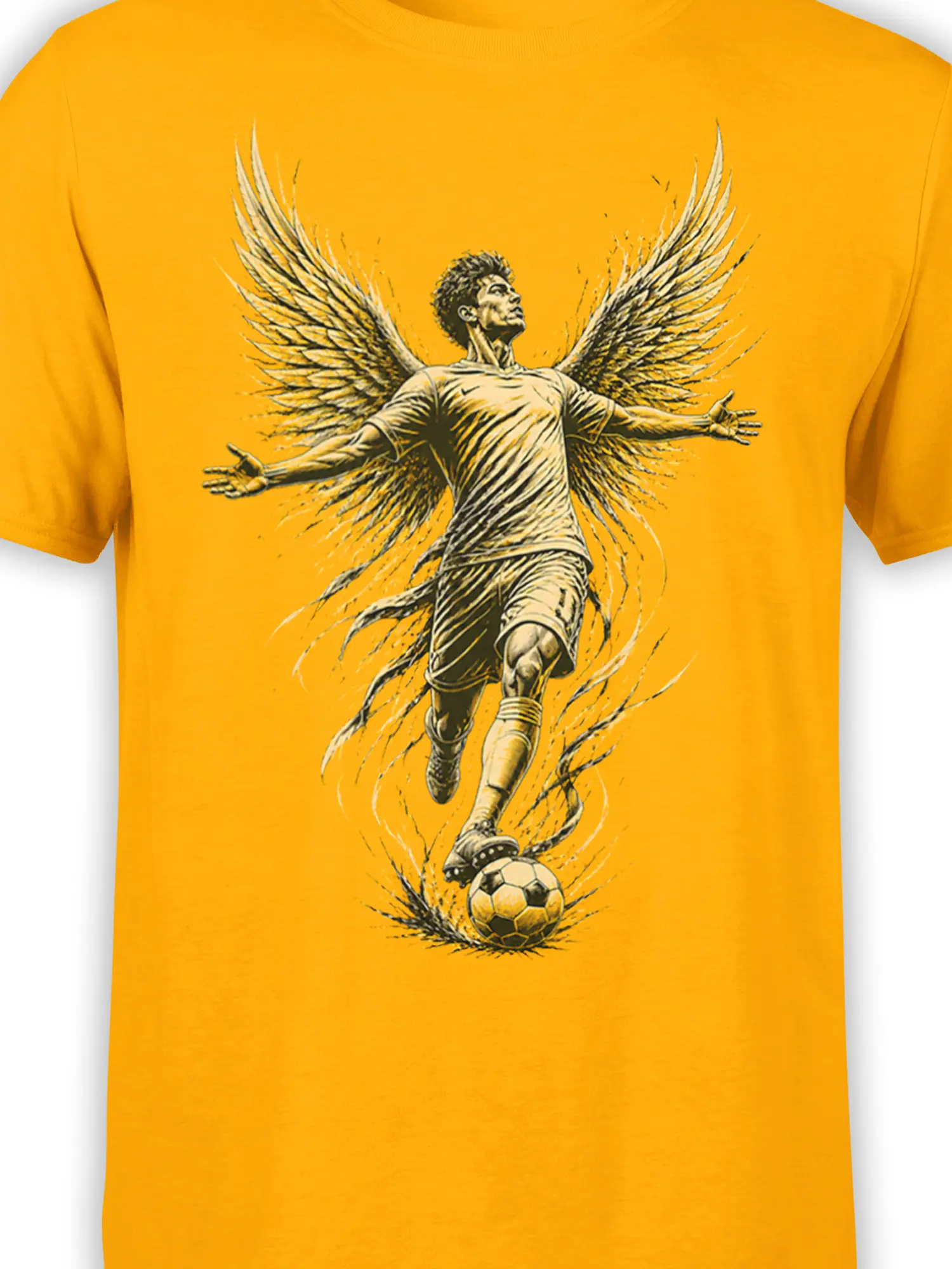 Close-up of the winged soccer player and ball design printed on an orange graphic soccer tee