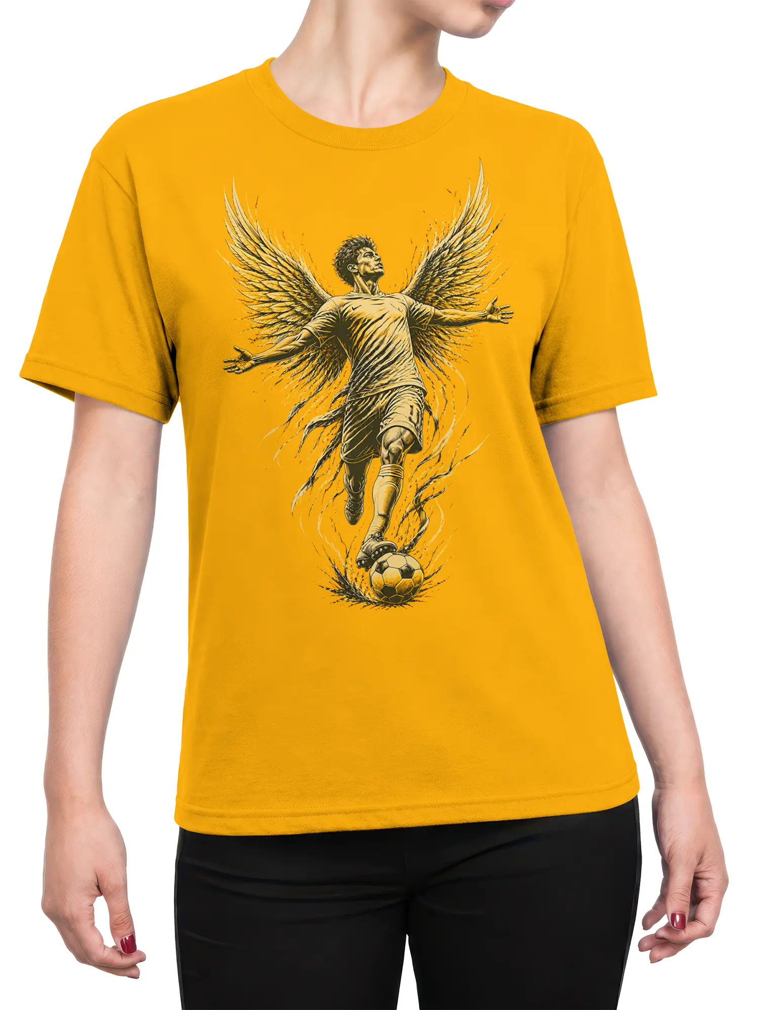 Female torso wearing an orange T-shirt with a winged soccer player and ball graphic across the front
