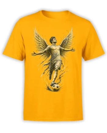 Winged soccer player controlling a ball on an orange soccer T-shirt with a dramatic vintage-style illustration