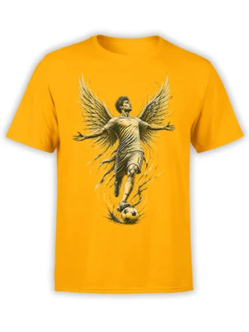 Winged soccer player controlling a ball on an orange soccer T-shirt with a dramatic vintage-style illustration