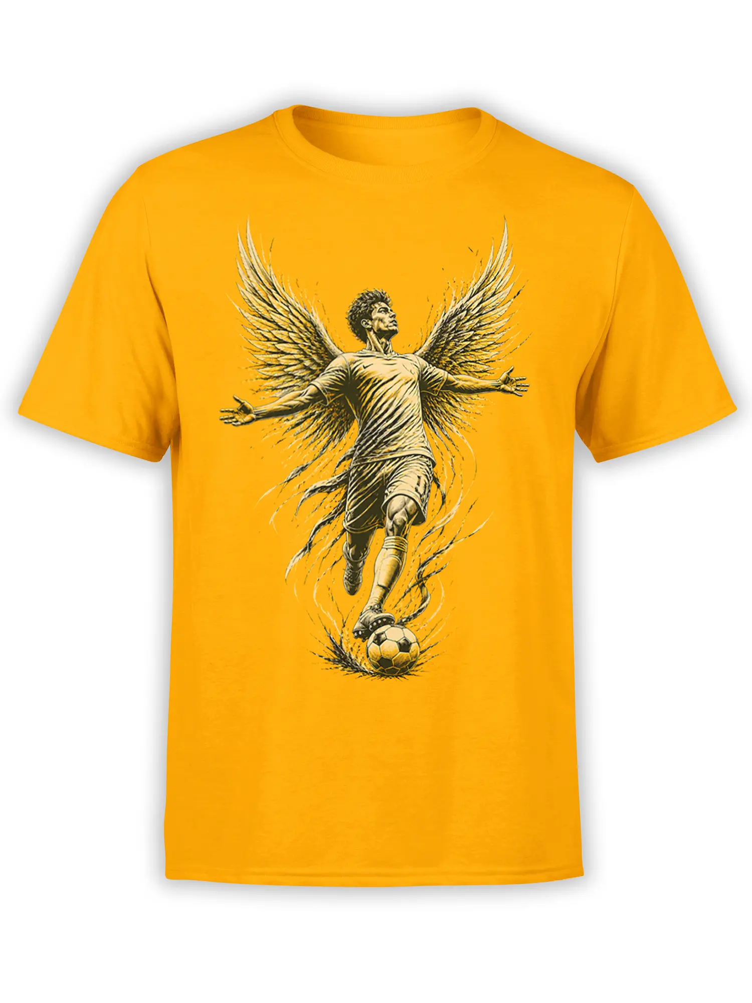 Winged soccer player controlling a ball on an orange soccer T-shirt with a dramatic vintage-style illustration