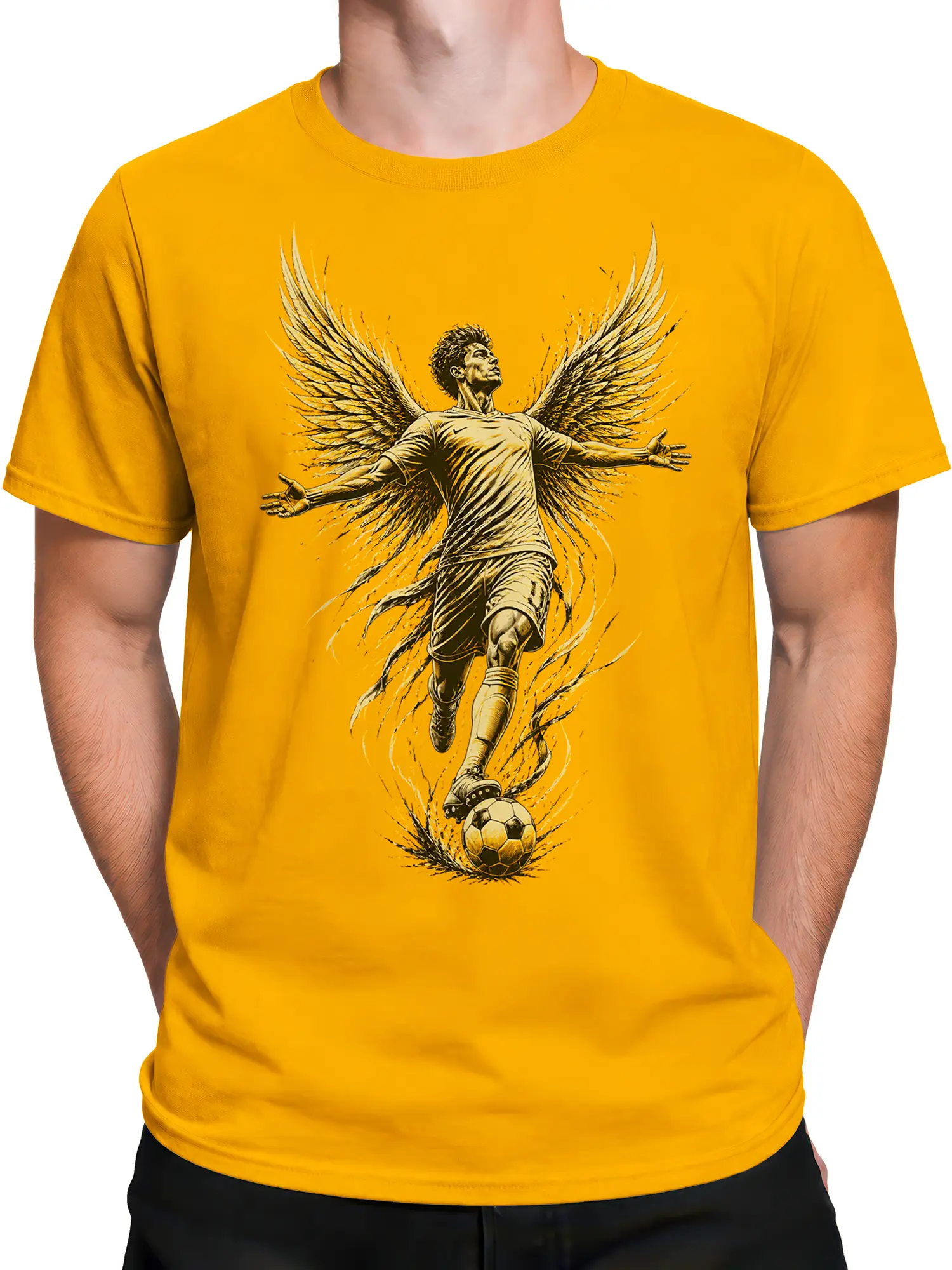 Male torso wearing an orange soccer T-shirt with a winged player and ball graphic in vintage-style artwork
