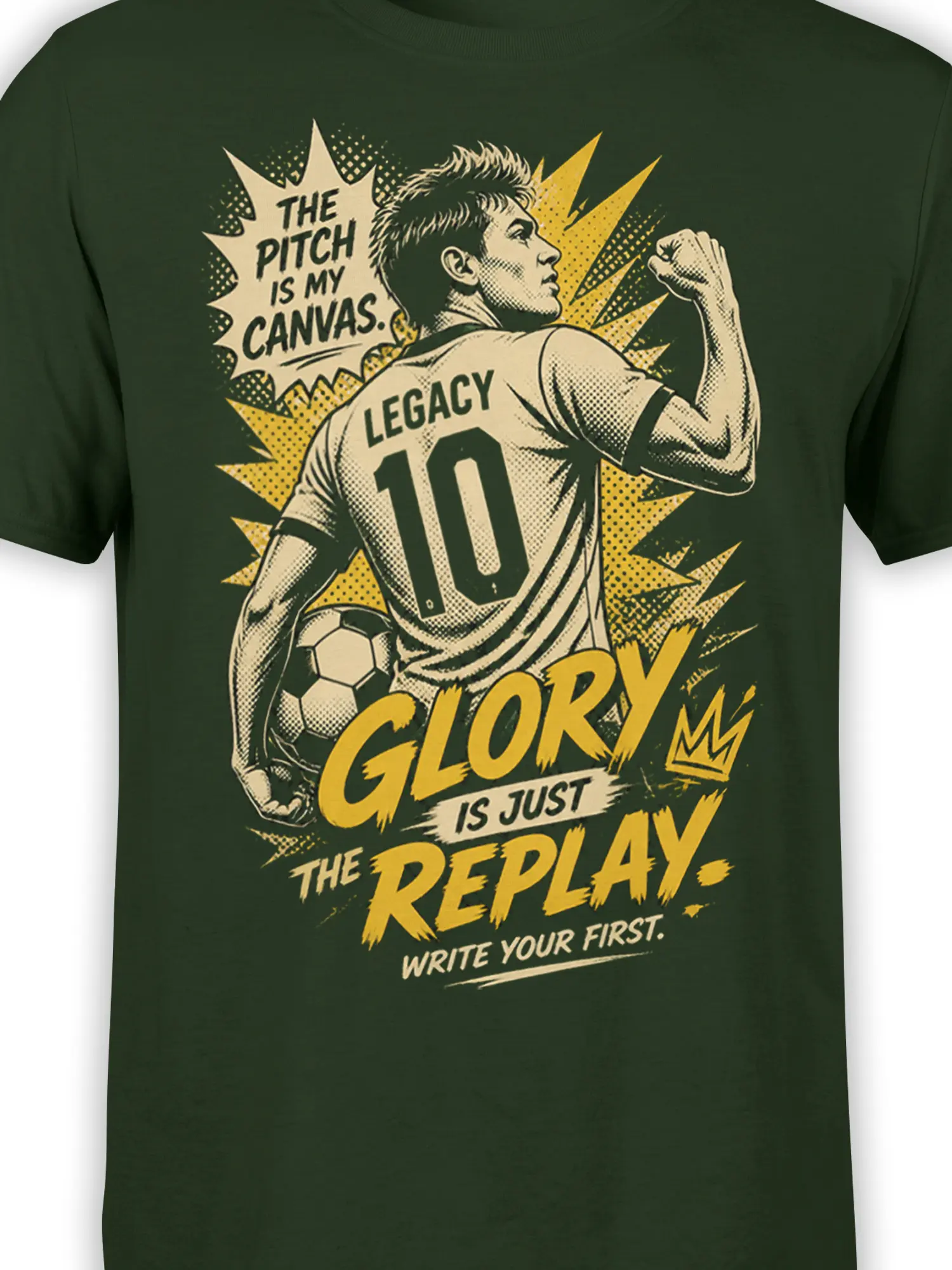 Close-up of the number 10 soccer player graphic and golden Glory Is Just the Replay lettering