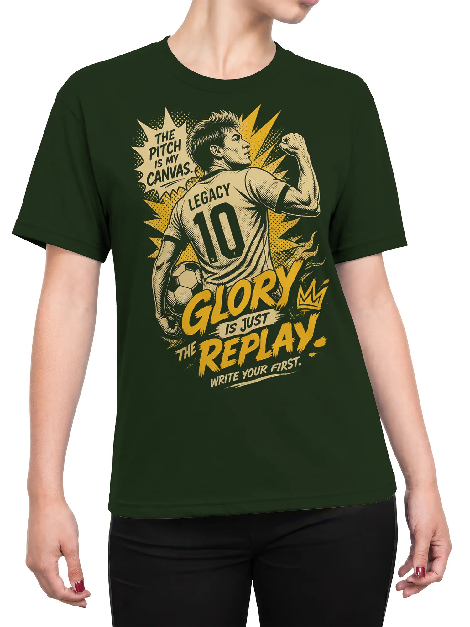 Female torso wearing a green soccer T-shirt with a vintage number 10 player and glory graphic
