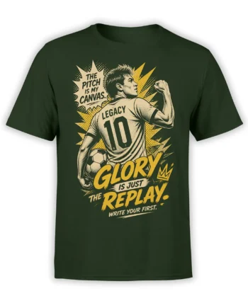Vintage soccer player wearing a number 10 jersey with glory lettering on a green soccer T-shirt