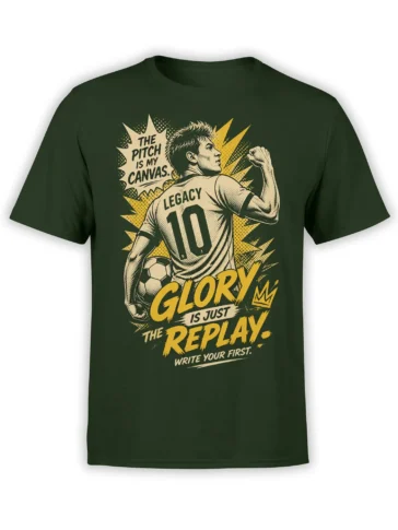 Vintage soccer player wearing a number 10 jersey with glory lettering on a green soccer T-shirt