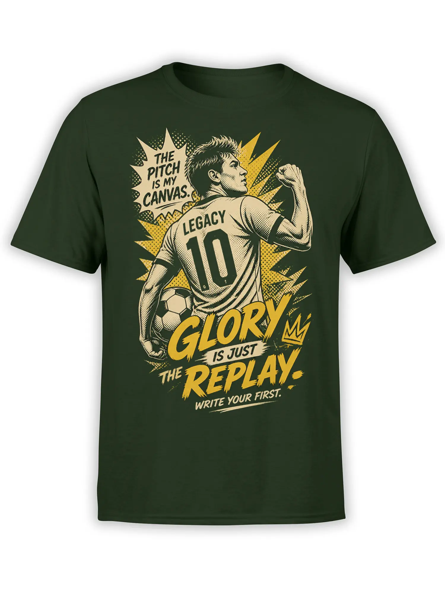 Vintage soccer player wearing a number 10 jersey with glory lettering on a green soccer T-shirt
