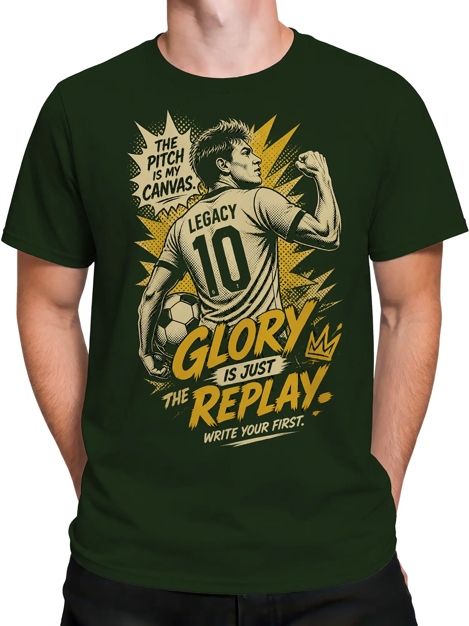 Male torso wearing a green vintage soccer T-shirt with a number 10 player graphic