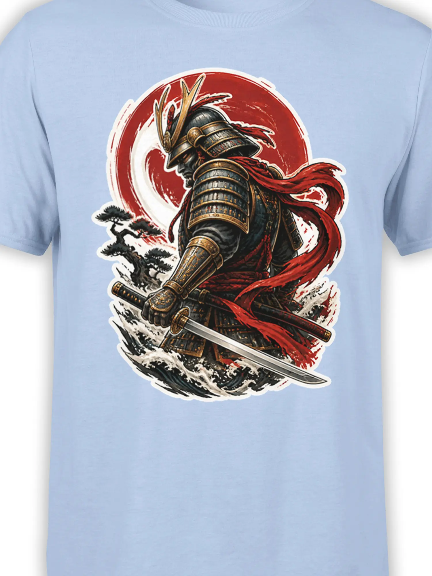 Close-up of samurai armor, katana, red scarf, red sun, and waves on a light blue graphic tee