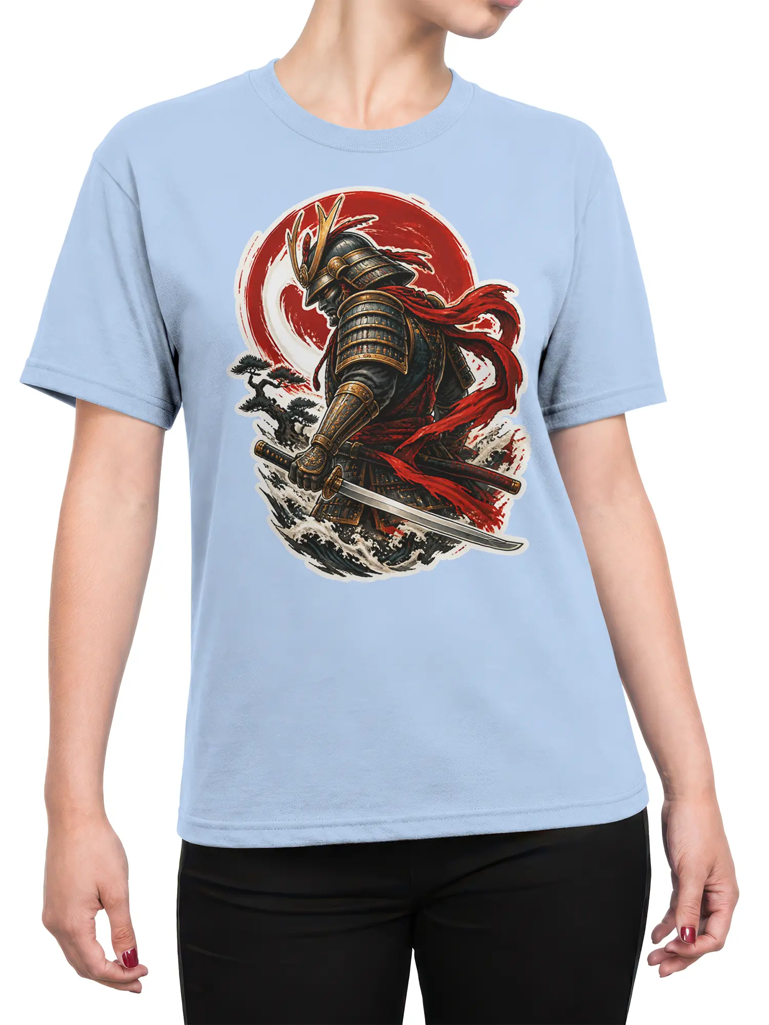 Female torso wearing a light blue samurai T-shirt with armored warrior, katana, red scarf, and red sun design