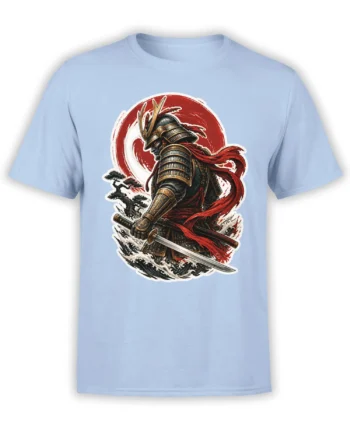 Light blue samurai T-shirt featuring an armored warrior with katana, red scarf, red sun, and ocean waves