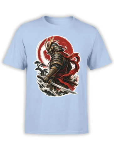 Light blue samurai T-shirt featuring an armored warrior with katana, red scarf, red sun, and ocean waves