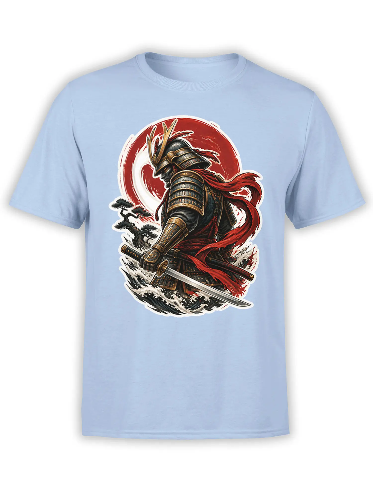 Light blue samurai T-shirt featuring an armored warrior with katana, red scarf, red sun, and ocean waves